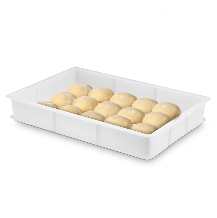 Pack of 6 Stackable Pizza Dough Box Proofing 60x40x8cm with dough balls for commercial kitchen use.