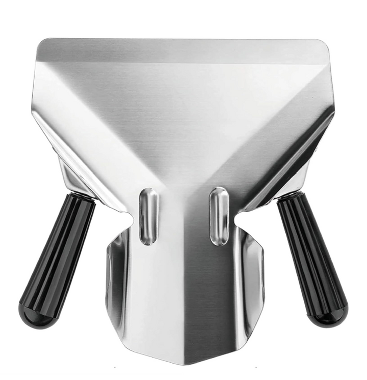 Potato chip spatula Scoop French Fry Bagger Dual Handle in stainless steel with comfortable black handles for efficient food prep.