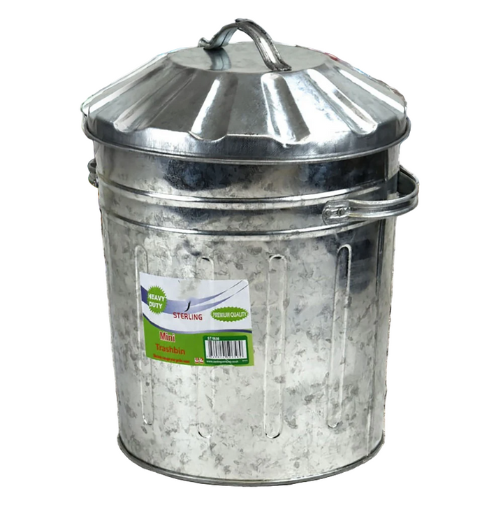 15L Small Round Galvanised Metal Dust Bin Recycling Waste Rubbish with lid and handles for easy lifting.