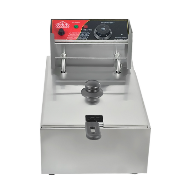 KRD Commercial Fryer Electric 6 litre Single 2.5kW Countertop KR81A in stainless steel, featuring a single tank and temperature control.