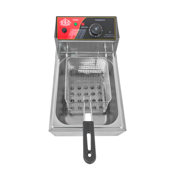 KRD Commercial Fryer Electric 6 litre Single 2.5kW Countertop KR81A with stainless steel tank and frying basket.