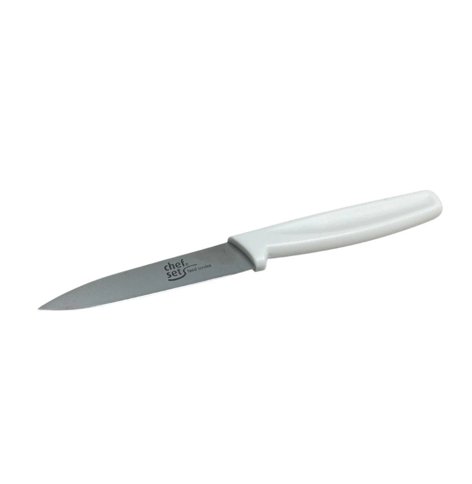 Colour Coded 3.5'' Paring Knife Red 9cm with a stainless steel blade and white handle, ideal for detailed kitchen tasks.