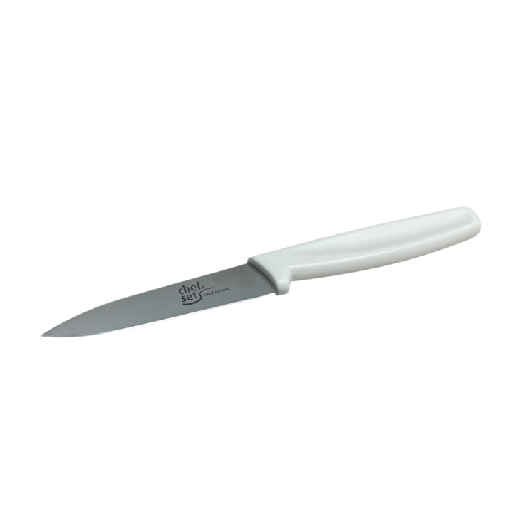 Colour Coded 3.5'' Paring Knife Red 9cm with a stainless steel blade and white handle, ideal for detailed kitchen tasks.