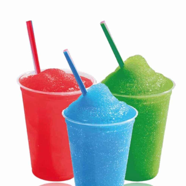 KRD Commercial Slush Machine 2x15 litres 2-in-1 serving red, blue, and green slush drinks in clear cups.