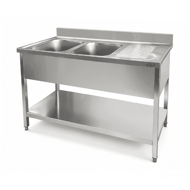 KRD Commercial Sink Stainless Steel 2 bowls left Bottom Shelf Splashback 1600x700x950mm THSTR167BL2