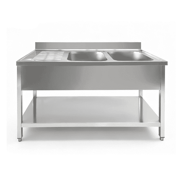 KRD Commercial Sink Stainless Steel 2 bowls right Bottom Shelf Splashback 2000x700x950mm THSTR207BR2