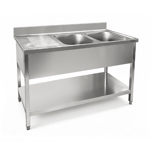KRD Commercial Sink Stainless Steel 2 bowls right Bottom Shelf Splashback 2000x700x950mm THSTR207BR2