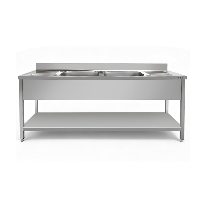KRD Commercial Sink Stainless steel 2 bowls Bottom shelf Splashback 1000mm Depth 700mm THSTR107BM2
