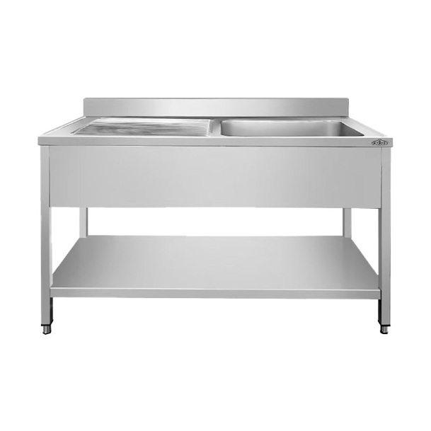 KRD Commercial Sink Stainless Steel 1 bowl Right Bottom Shelf Splashback 1400x700x950mm THSTR147BR1