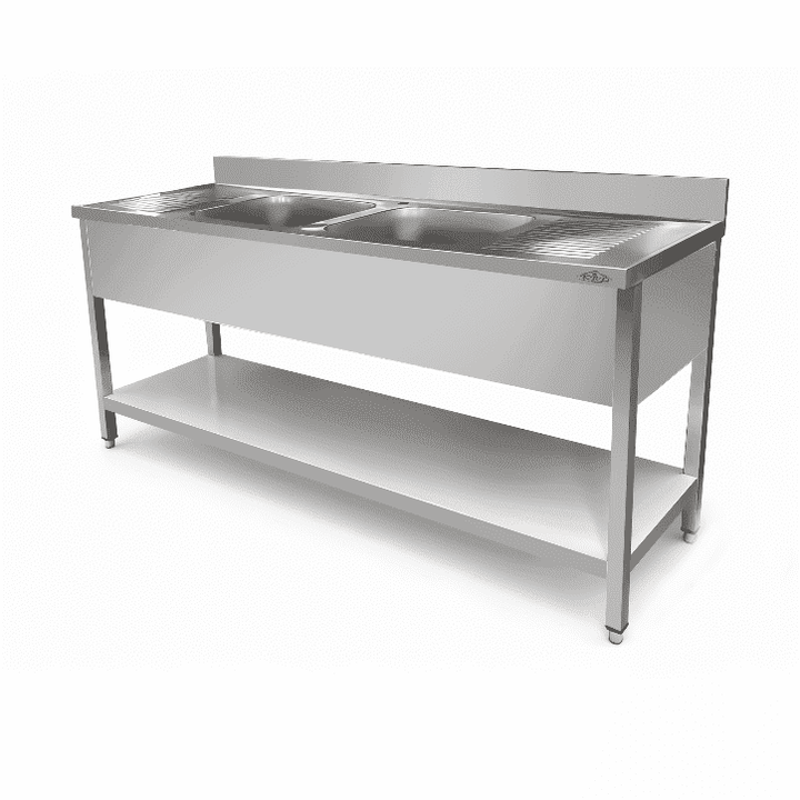 KRD Commercial Sink Stainless steel 2 bowls Bottom shelf Splashback 2000mm Depth 700mm THSTR207BM2