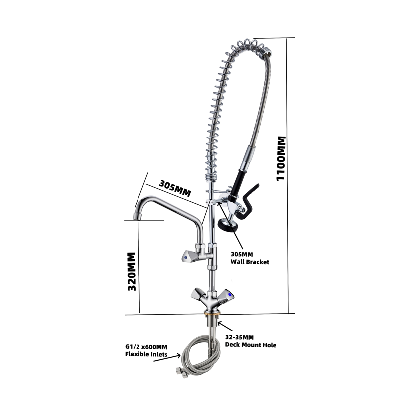 KRD Pre Rinse Spray Unit Deck mounted Double inlet Height 1100mm Stainless steel PR1008C-A0
