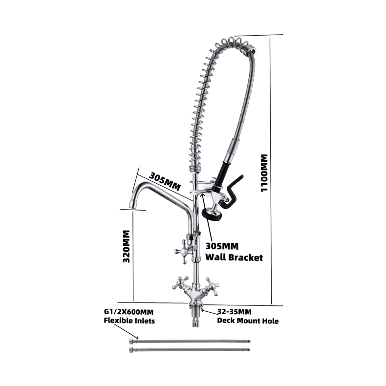 KRD Pre Rinse Spray Unit Deck mounted Double inlet Height 1100mm Stainless steel PR1008-HA01-A0