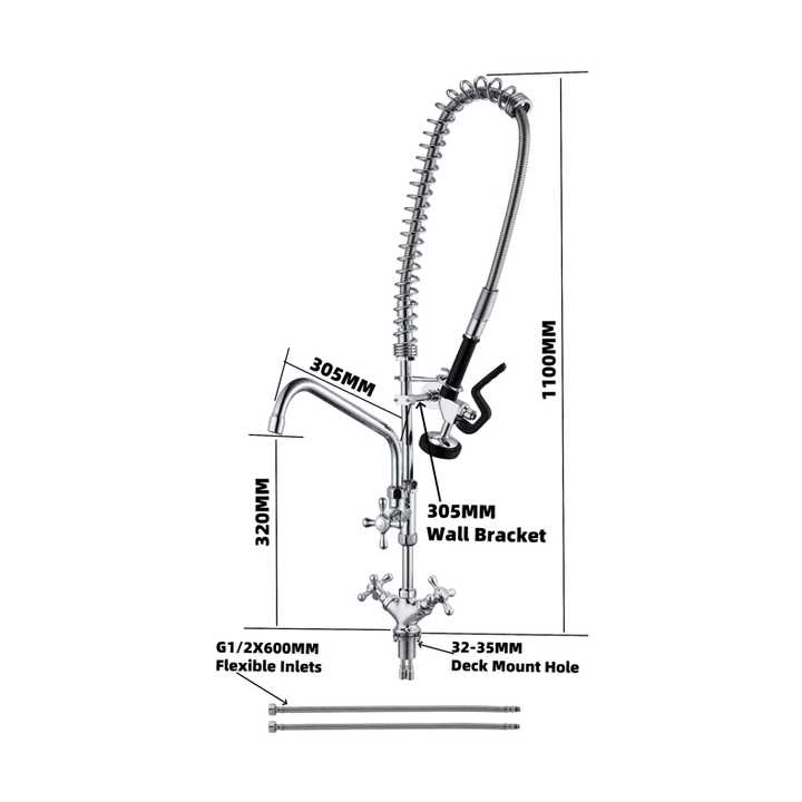 KRD Pre Rinse Spray Unit Deck mounted Double inlet Height 1100mm Stainless steel PR1008-HA01-A0