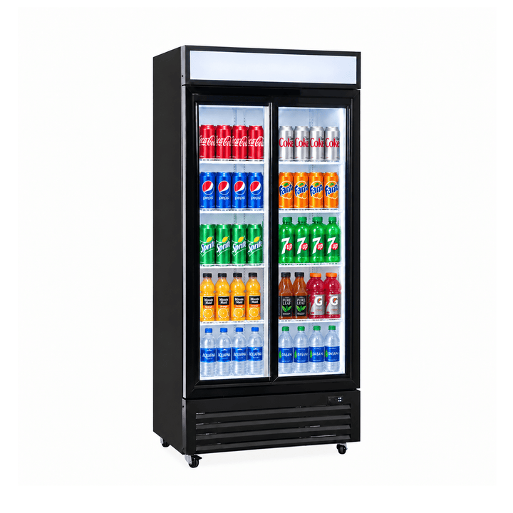 KRD Commercial Upright Display Fridge 900mm Double Sliding Doors KD-900S
