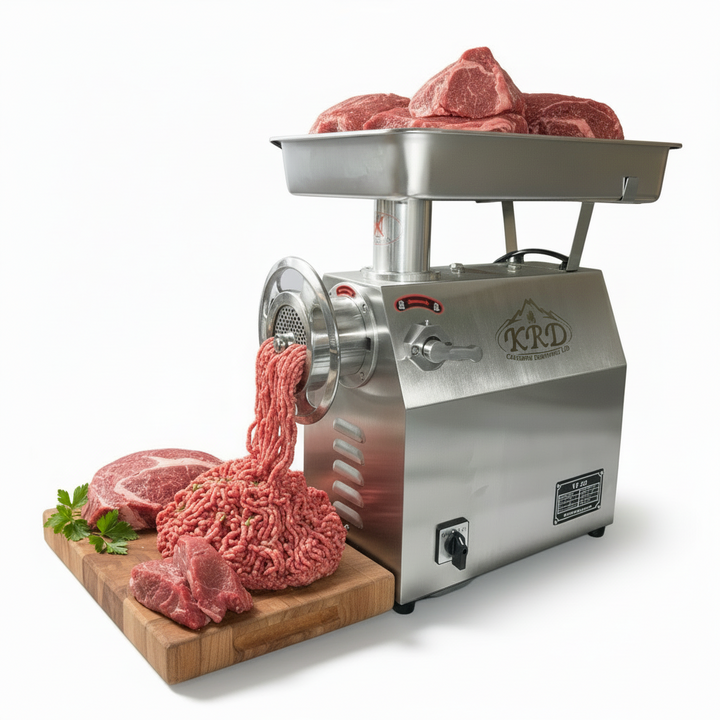 KRD Professional Meat Mincer 320kg/h Stainless steel TK32 with meat cuts, showcasing commercial kitchen equipment for efficient food prep.