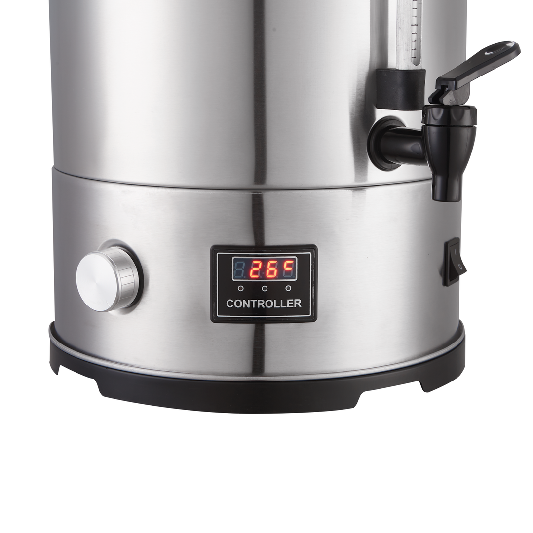 KRD Electric 25L Digital Hot Water Boiler Single Wall Tea Urn KWB25LD with digital controller and tap for commercial catering.