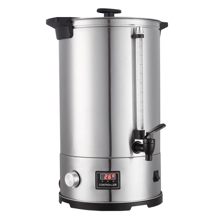 KRD Electric 25L Digital Hot Water Boiler Single Wall Tea Urn KWB25LD, stainless steel, designed for commercial catering equipment.