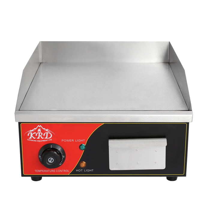 KRD Countertop 2.2kw Electric Flat Smooth Griddle 365x480x220mm KEG-810 with stainless steel surface and temperature controls.