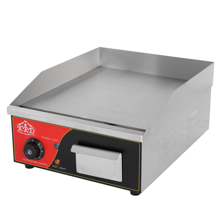 KRD Countertop 2.2kw Electric Flat Smooth Griddle 365x480x220mm KEG-810 with stainless steel surface and manual temperature control.