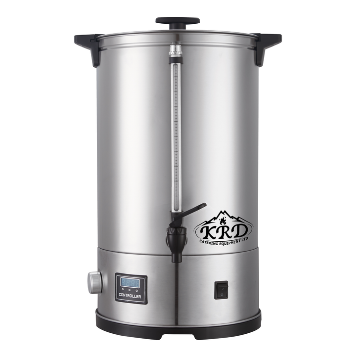KRD Electric 25L Digital Hot Water Boiler Single Wall Tea Urn KWB25LD in stainless steel for commercial catering equipment.