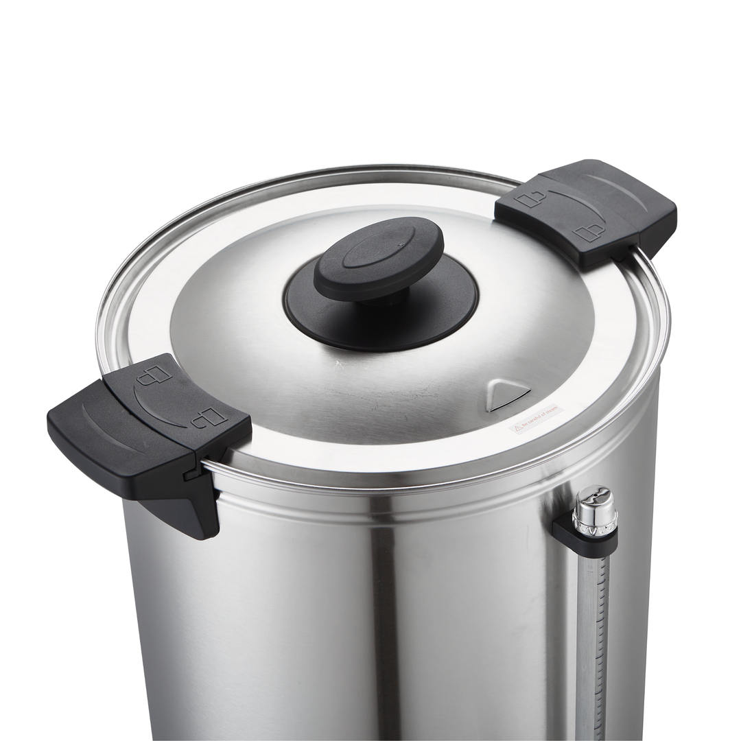 KRD Electric 10L Hot Water Boiler Double Wall Tea Urn KWB10L with stainless steel lid and handles, designed for commercial catering equipment.