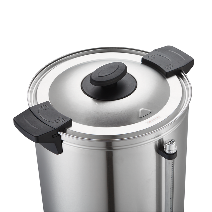 KRD Electric 10L Hot Water Boiler Double Wall Tea Urn KWB10L with stainless steel lid and handles, designed for commercial catering equipment.