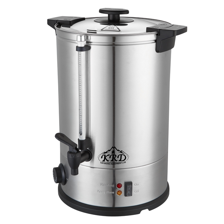 KRD Electric 10L Hot Water Boiler Double Wall Tea Urn KWB10L in stainless steel with anti-drip tap and temperature controls.