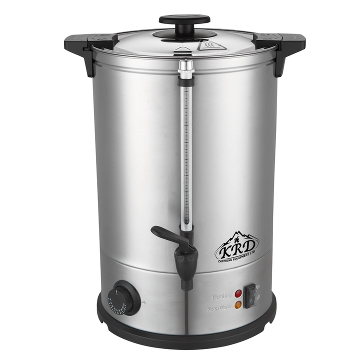 KRD Electric 10L Hot Water Boiler Double Wall Tea Urn KWB10L, stainless steel, 10-litre capacity, anti-drip tap, energy efficient.