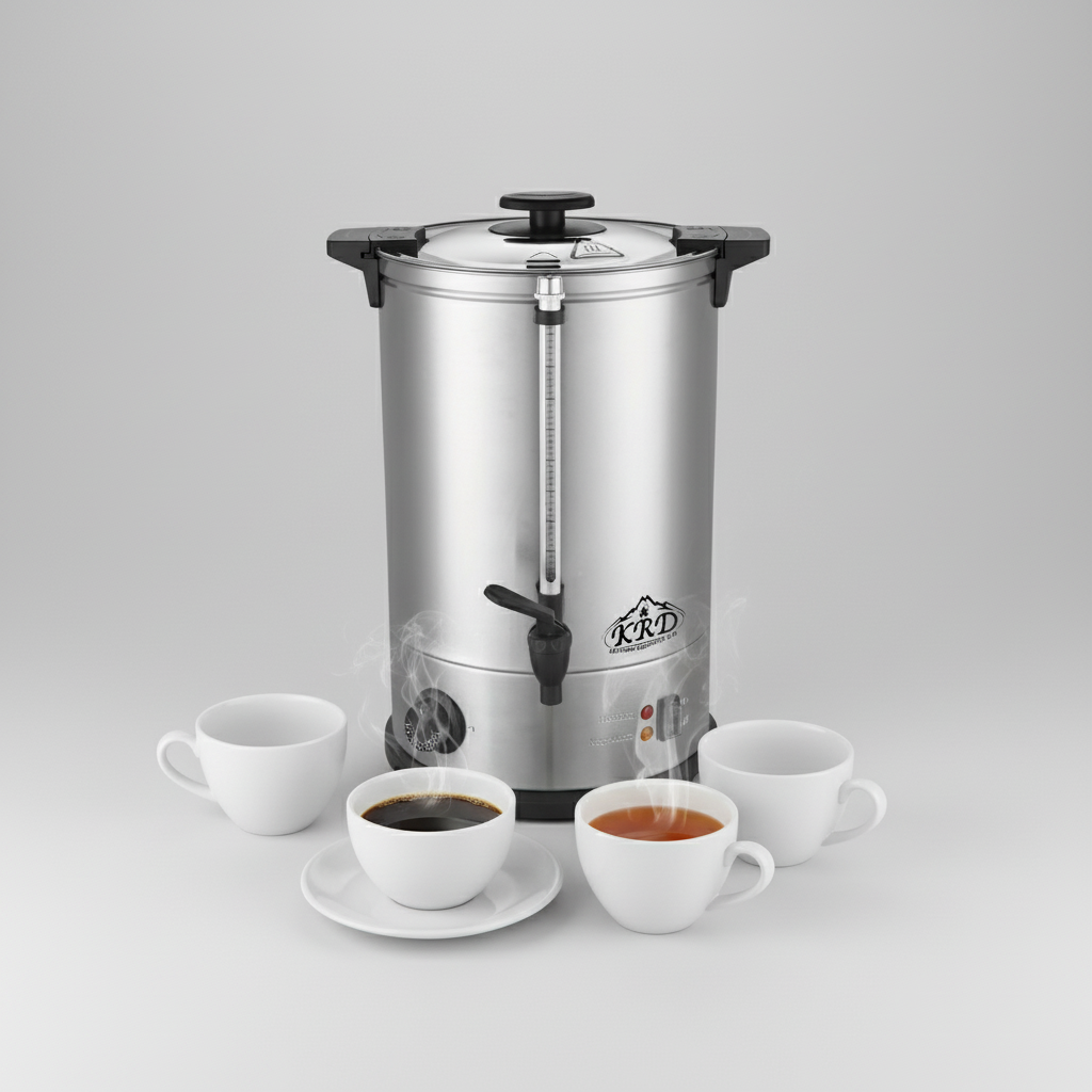 KRD Electric 10L Hot Water Boiler Double Wall Tea Urn KWB10L with steaming cups, stainless steel design for commercial catering.