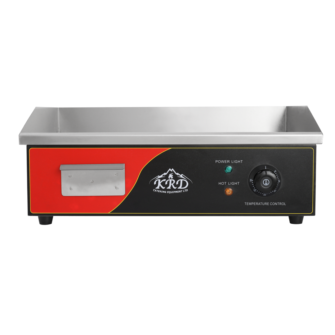 KRD Countertop 3kw Electric Flat Smooth Griddle 550x450x230mm KEG-818 with temperature control and stainless steel build.
