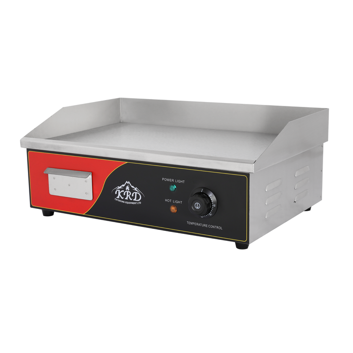 KRD Countertop 3kw Electric Flat Smooth Griddle 550x450x230mm KEG-818 with stainless steel surface and temperature control.