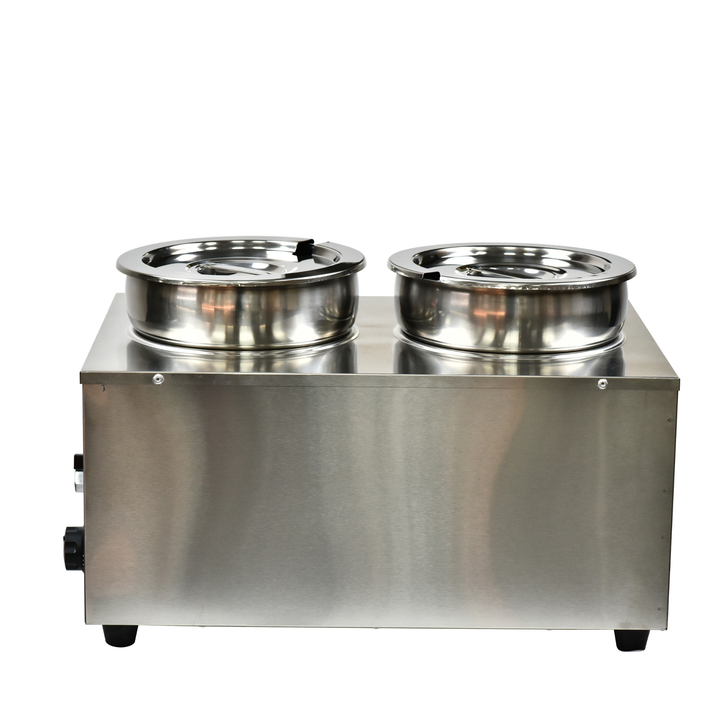 KRD Commercial Bain Marie with Drain Tap Round Wet 2 Pots 2x 7 litres, stainless steel, 2 round 7L pots for food warming.