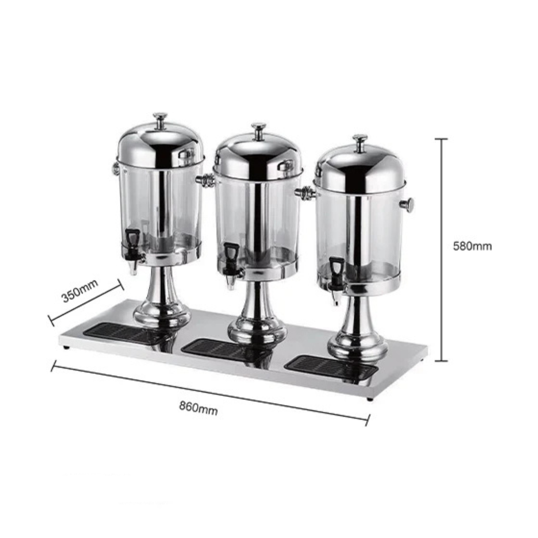 KRD Triple Juice Dispenser Drip Tray Stainless Steel 3 X 8 litres with three glass compartments for commercial catering.