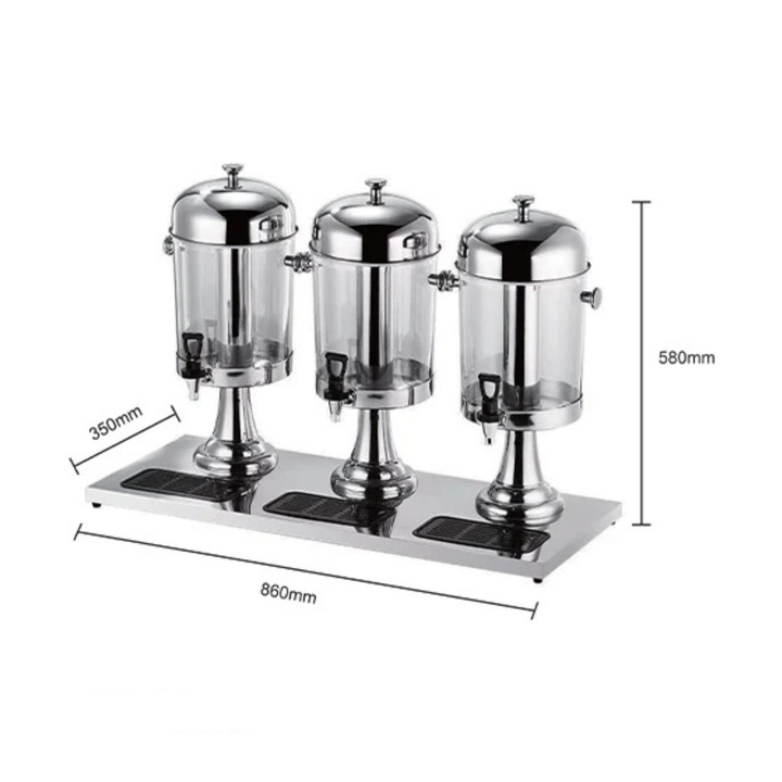 KRD Triple Juice Dispenser Drip Tray Stainless Steel 3 X 8 litres with three glass compartments for commercial catering.