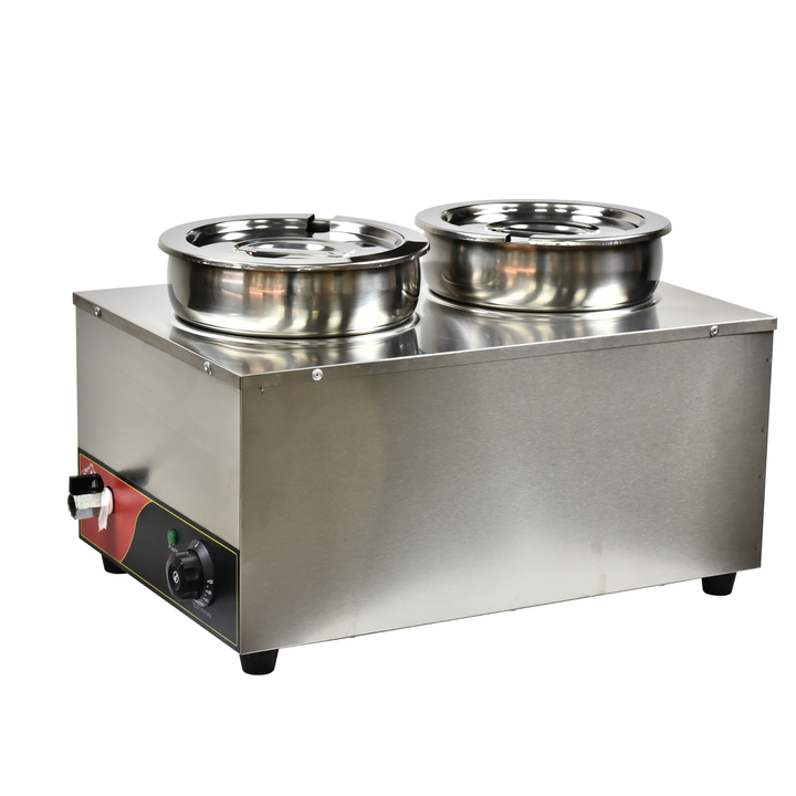 KRD Commercial Bain Marie with Drain Tap Round Wet 2 Pots 2x 7 litres, stainless steel exterior, 2 round 7L pots, commercial catering equipment.