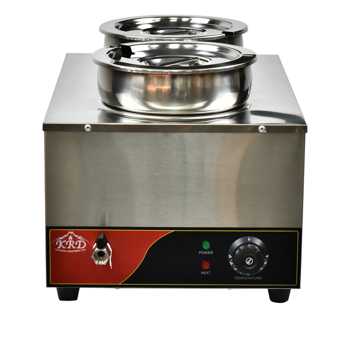 KRD Commercial Bain Marie with Drain Tap Round Wet 2 Pots 2x 7 litres, stainless steel, 1200W, ideal for keeping food warm.