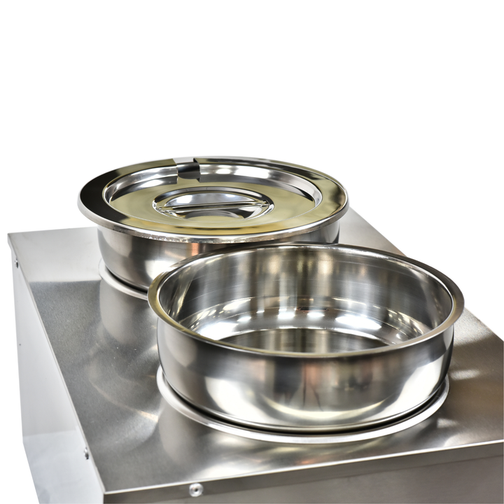 KRD Commercial Bain Marie with Drain Tap Round Wet 2 Pots 2x 7 litres featuring two stainless steel round pots.