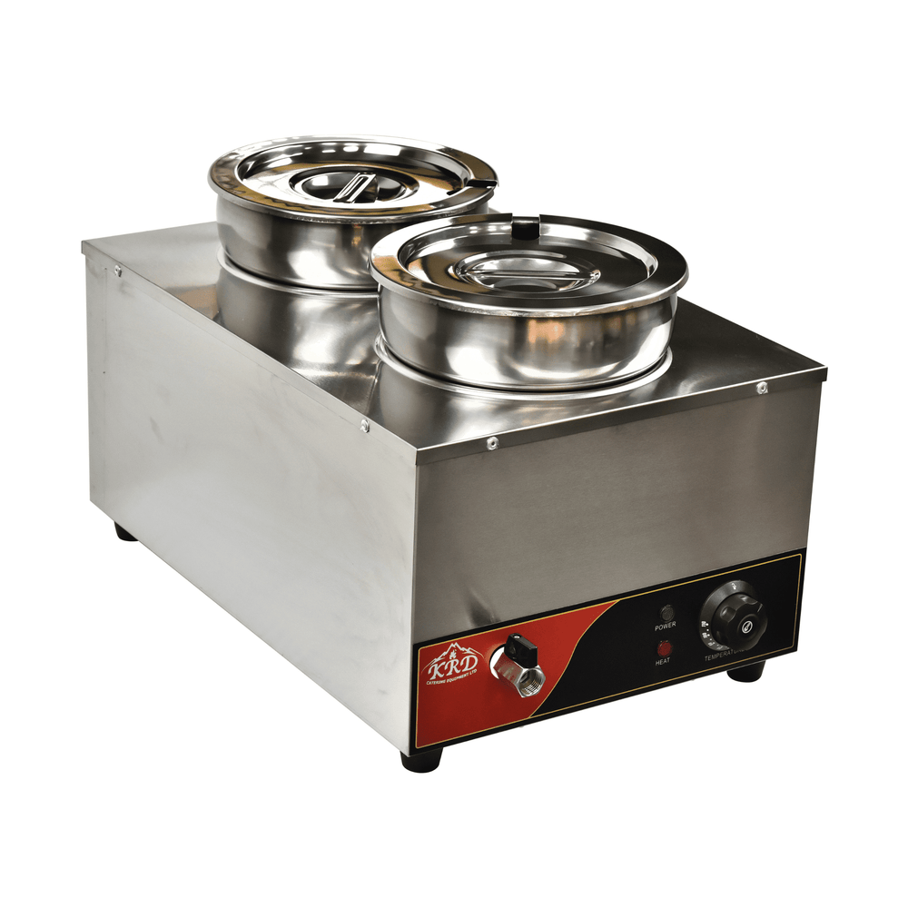 KRD Commercial Bain Marie with Drain Tap Round Wet 2 Pots 2x 7 litres stainless steel construction for food warming in commercial kitchens.