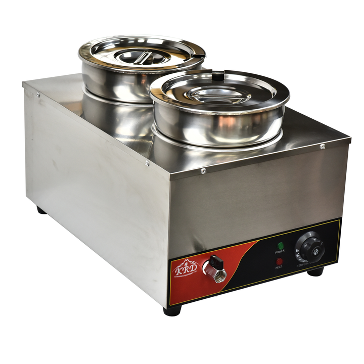 KRD Commercial Bain Marie with Drain Tap Round Wet 2 Pots 2x 7 litres stainless steel construction for food warming in commercial kitchens.