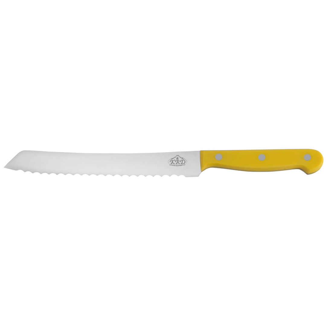 KRD 8" Bread Knife Colour Coded 2.5mm Thickness 32003 with stainless steel blade and yellow ergonomic handle for precise slicing.