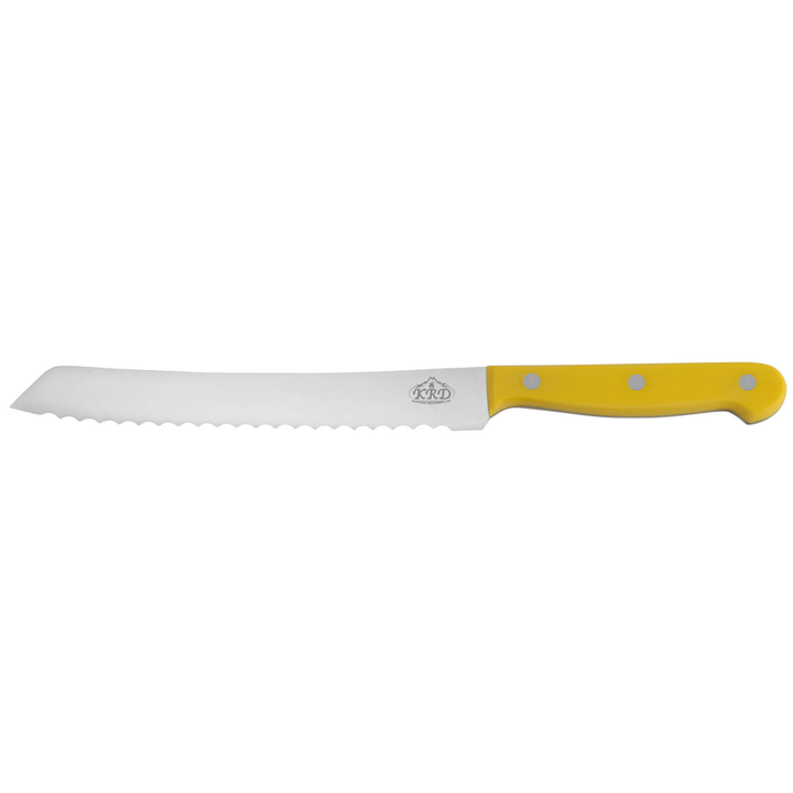 KRD 8" Bread Knife Colour Coded 2.5mm Thickness 32003 with stainless steel blade and yellow ergonomic handle for precise slicing.
