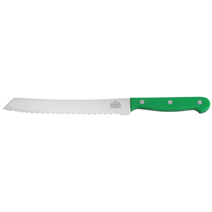KRD 8" Bread Knife Colour Coded 2.5mm Thickness 32003 with stainless steel blade and green handle for precise slicing.