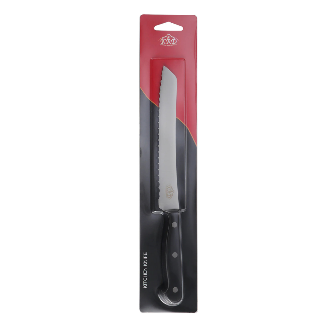KRD 8" Bread Knife Colour Coded 2.5mm Thickness 32003 in packaging, ideal for commercial kitchen equipment tasks.