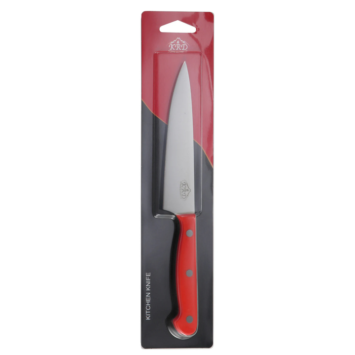 KRD 8" Coloured Chef Knife 2.5mm Thickness 32001 in packaging, stainless steel blade, ideal for kitchen tasks.