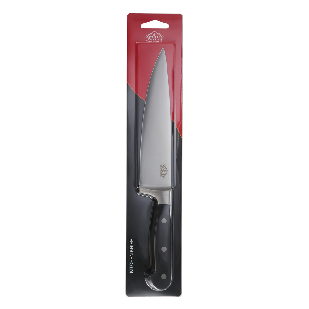 KRD 8" Chef Knife Black 2.5mm Thickness 50201 for precise cutting, made from stainless steel, ideal for commercial kitchen equipment.