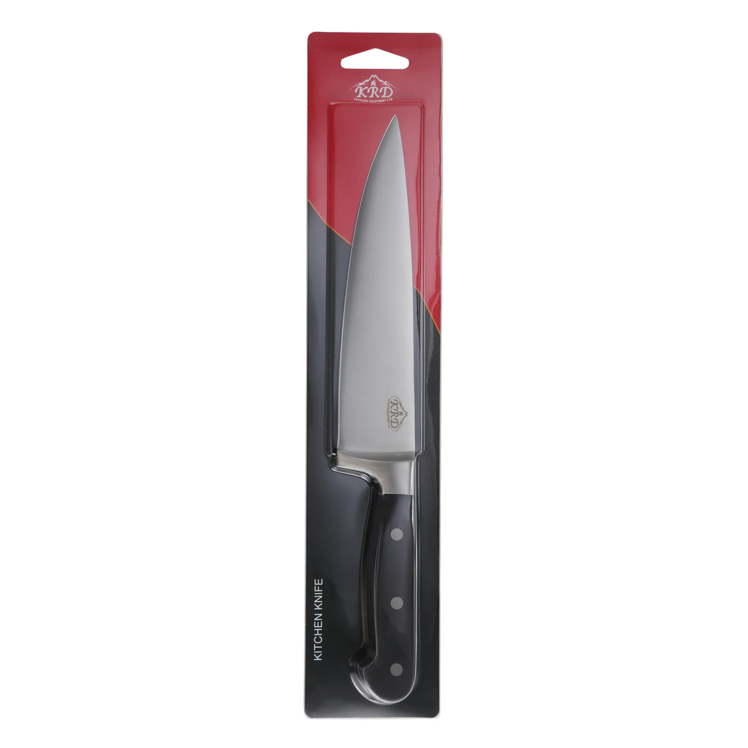 KRD 8" Chef Knife Black 2.5mm Thickness 50201 for precise cutting, made from stainless steel, ideal for commercial kitchen equipment.