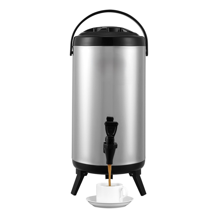 KRD Insulated Beverage Dispenser Hot and Cold Drink Server Stainless Steel 6 Litres with tap and cup underneath.