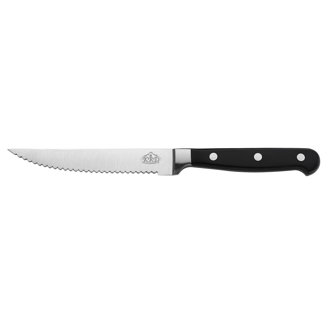 KRD 4.5" Steak Knife-2.0mm Thickness 50206 featuring a stainless steel serrated blade and ergonomic black handle.