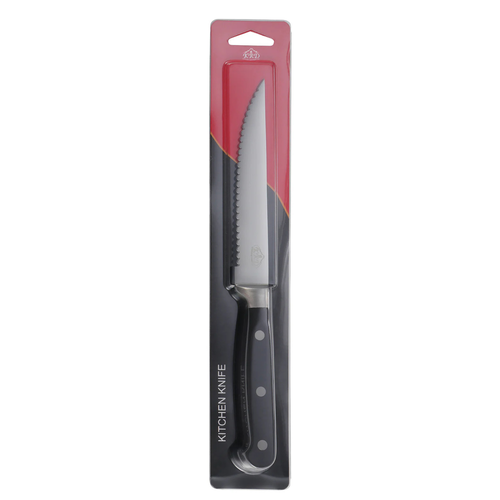 KRD 4.5" Steak Knife-2.0mm Thickness 50206 in packaging, stainless steel blade, ideal for culinary tasks.