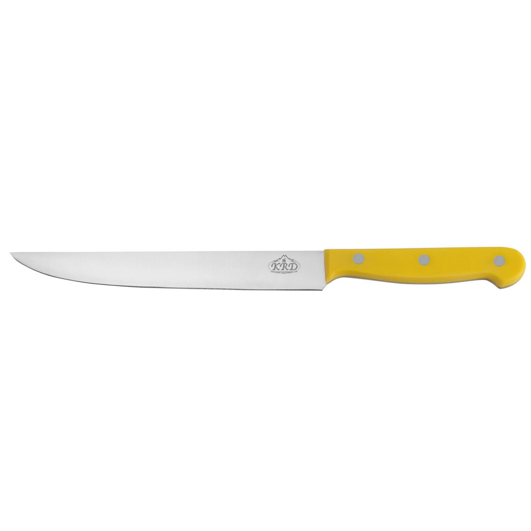KRD 8" Slicer Knife Colour Coded 2.5mm Thickness 32002, stainless steel blade, yellow handle, ideal for commercial kitchen use.